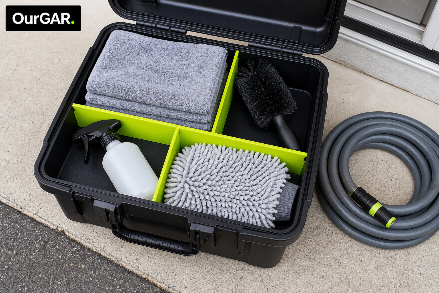 An open black storage case with lime-green dividers separates towels, a wheel brush, a spray bottle, and a wash mitt, with a coiled hose alongside