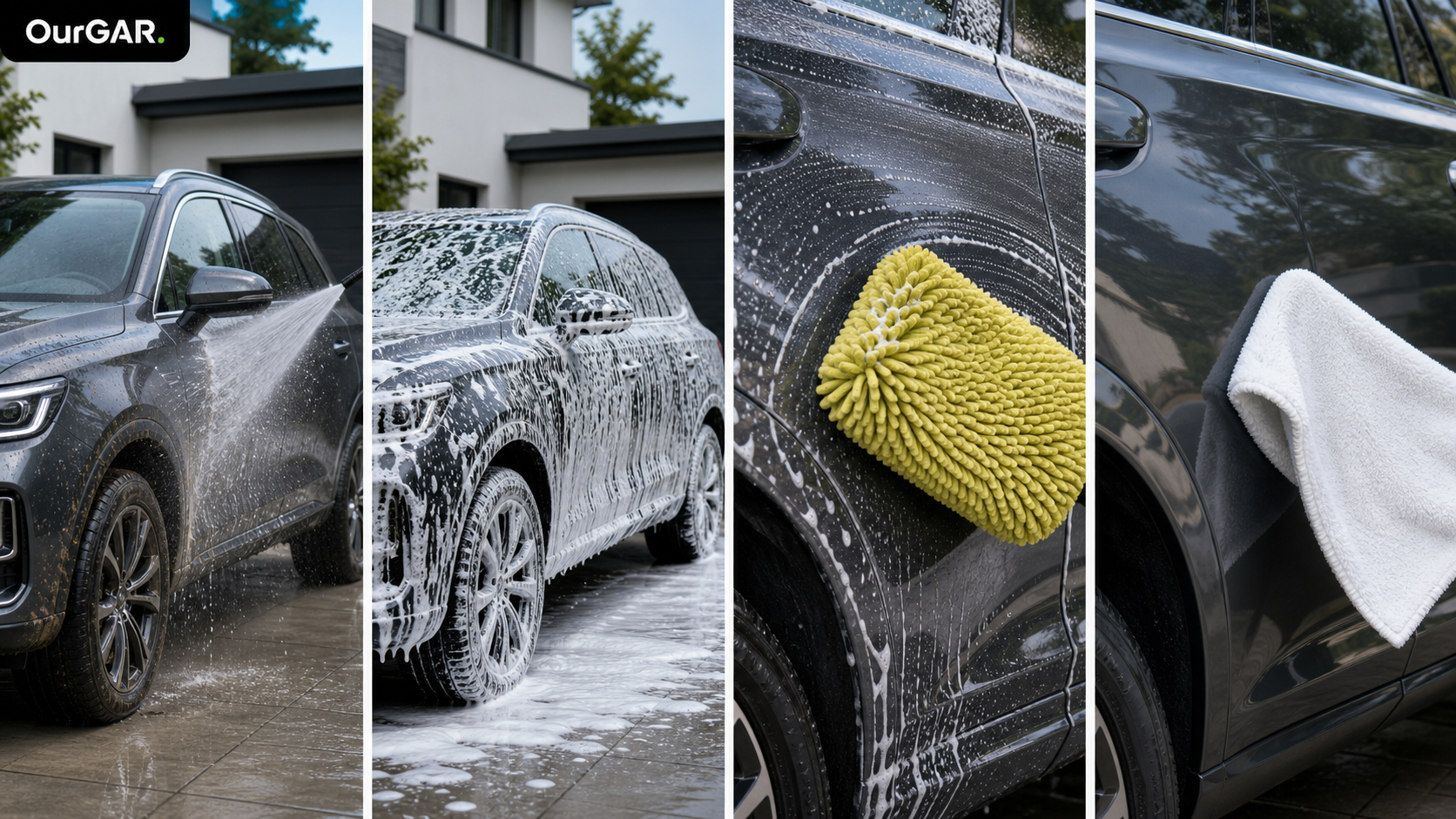 Four panels show the same dark SUV being pre-rinsed, covered in foam, washed with a yellow mitt, and dried with a white microfiber towel